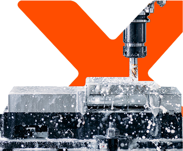 CNC mill drills metal workpiece; coolant splashes; dark background with orange "X".